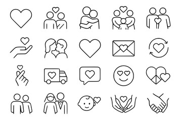 Fototapeta premium Love & Relationship Line Icons: Romance, Family & Care Vector Set