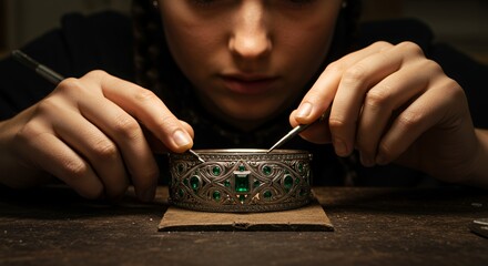 Skilled Jeweler Crafts Intricate Emerald Bracelet, Hands Focused on Detail.