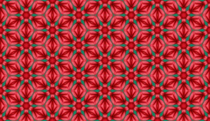 Seamless pattern design with colorful red hearts and floral illustration.