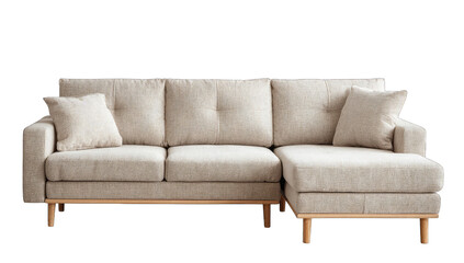 Beige fabric sectional sofa with light wood legs, button tufting, and two matching pillows