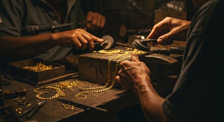 Golden Hands: Skilled artisans meticulously craft intricate gold chains in a dimly lit workshop.