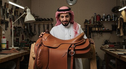 Skilled Craftsman in Traditional Attire Carefully Examines a Handcrafted Leather Saddle