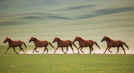 Galloping Horses in a Meadow A Herd Running Free Across a Green Field