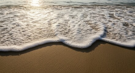 Gentle Ocean Wave Washing Ashore on a Sandy Beach at Sunset (1)