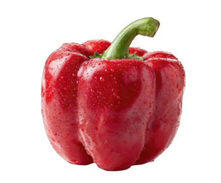 A vibrant, glistening red bell pepper, plump and dewy, sits against a black background; its stem is a deep green