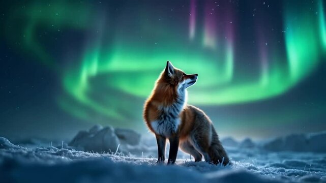 A fox stands in the snowy landscape beneath the vibrant aurora borealis in the night sky video