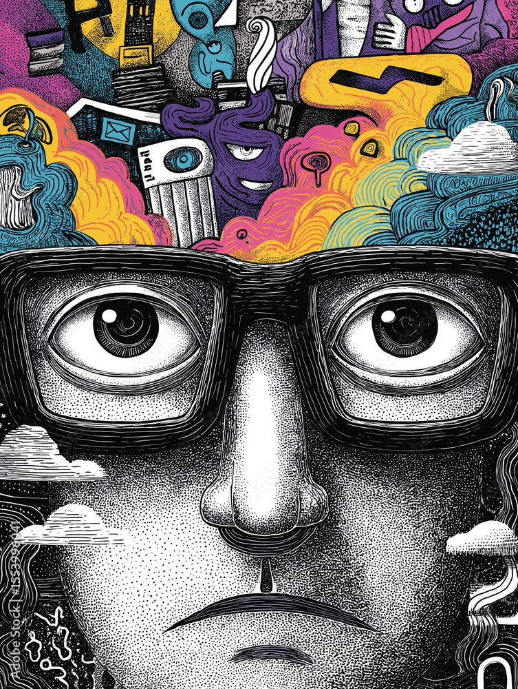Poster existential burnout. illustration of a person with imaginative thoughts and abstract elements.