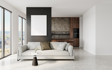 Square Frame Mockup Above Sofa on Dark Accent Wall in Modern Living Room with Concrete Floor and City View