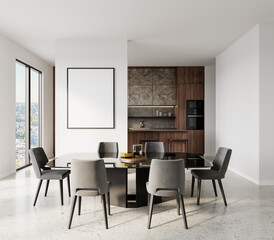 Square Frame Mockup on White Wall in Minimalist Dining Room with Modern Black Table and Gray Chairs - Contemporary Interior Design