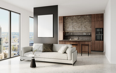 Vertical Frame Mockup on Dark Wall Behind Modern Sofa in Minimalist Living Room with Natural Light and City Skyline View