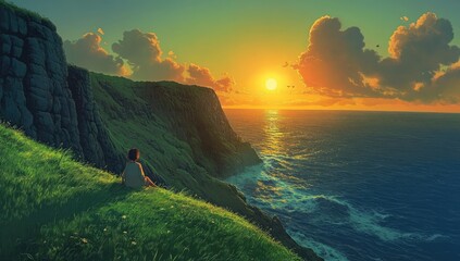 Serene cliffside vista featuring a solitary figure watching the sun set over the vast ocean