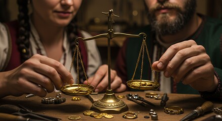 Medieval Goldsmiths Carefully Weigh Gold Coins on Antique Scales