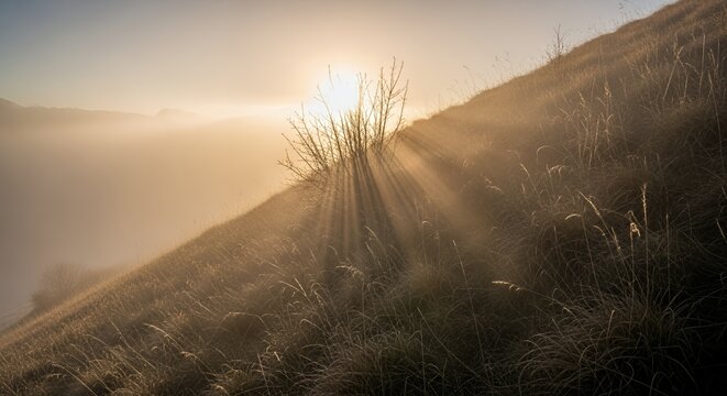 Golden Sunlight Streaming Through Bare Tree on Grassy Hillside at Sunrise