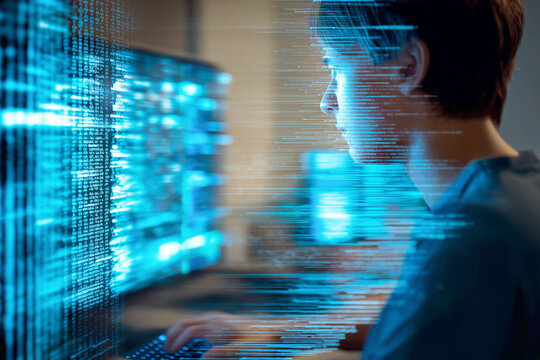 Network security architect firewall encryption technology. Infrastructure strategy technology. Person reviewing encrypted data streams