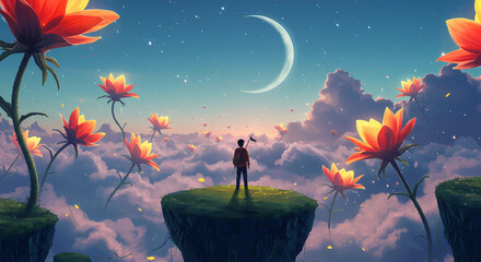 Lone traveler on floating island with glowing flowers and crescent moon