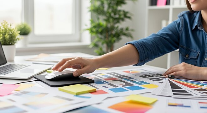 Graphic designer working on a project with color swatches and laptop