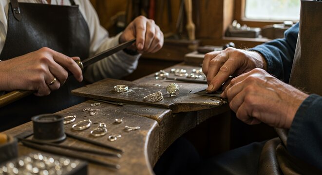 Skilled Hands Craft Intricate Silver Rings in a Traditional Workshop - Powered by Adobe