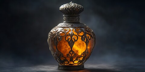 Decorative Amber Glass Lantern with Ornate Metal Filigree in Dark Atmosphere
