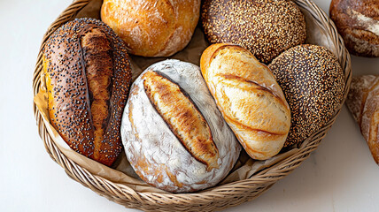 Assorted Artisan Breads in Rustic Basket.
