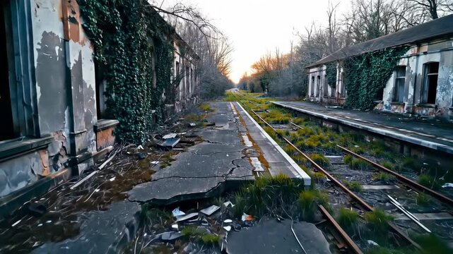 stone-faced - Abandoned railway station surrounded by overgrown vegetation, with tracks leading into the distance under a sunset sky, evoking a sense of nostalgia