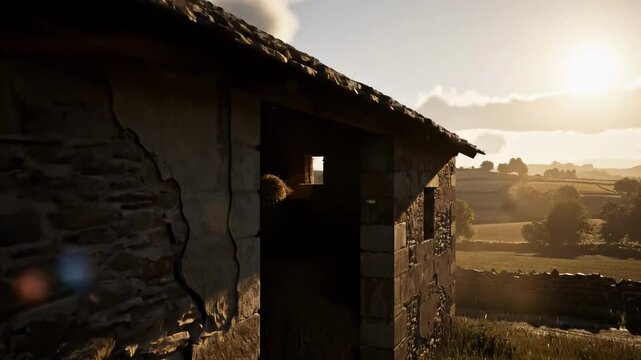 stone-faced - A serene countryside scene at sunset, showcasing a rustic stone building with a warm glow, surrounded by rolling hills and vibrant greenery