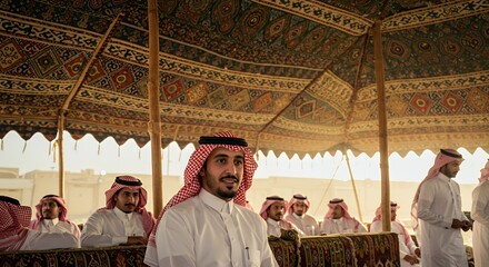 Under a richly patterned tent, a Saudi man in traditional attire sits among his peers, radiating calm amidst the sunlit gathering.