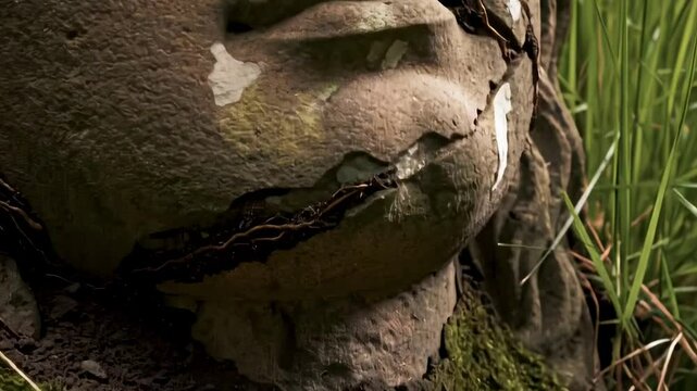 stone-faced - A close-up of an ancient stone sculpture's face, partially covered in moss and grass, showcasing nature's reclamation of art in a serene outdoor setting