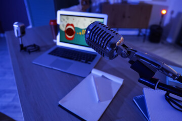 Professional microphone in dark podcaster's studio, closeup