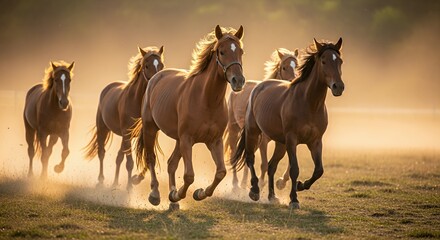 Herd of Horses Galloping Across a Grassy Field in Golden Light