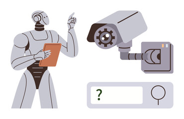 Robot holding tablet pointing at security camera, search bar with question mark. Ideal for technology, AI, robotics, surveillance, innovation, machine learning data security. Simple flat metaphor