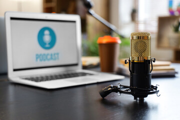 Professional microphone on podcaster's table in studio, closeup