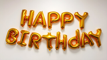 Gold foil balloons spelling &ldquo;HAPPY BIRTHDAY&rdquo; on white wall