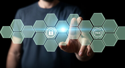 Businessman using futuristic hexagonal touchscreen interface with security and pulse icons
