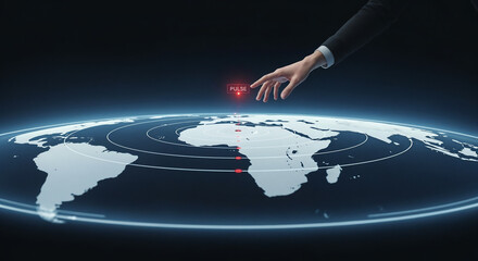 Businessman using hologram to send pulse signal around world