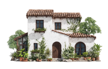 White stucco house with terracotta roof, arched entryway, numerous potted plants, and climbing vines