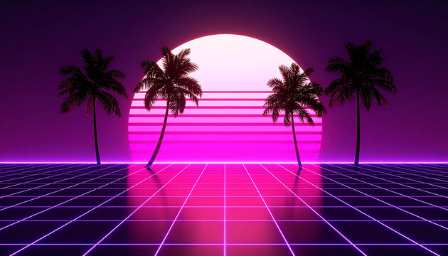 Retro synthwave scene with three palm trees silhouetted against a large, vibrant pink and purple sun, reflected on a gridded surface