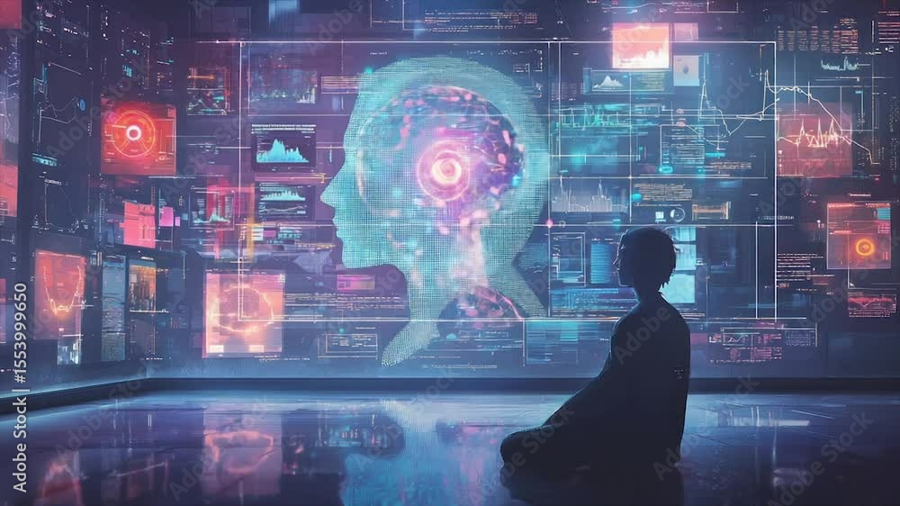 Aufkleber person meditates before a large screen displaying a holographic brain and data streams