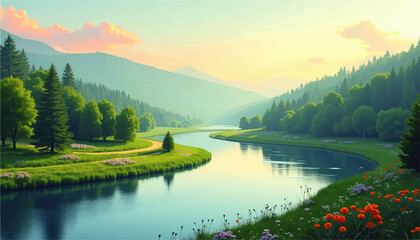 Serene River Landscape with Flowing Water, Lush Green Forest, Wildflowers, and Mountains at Sunset – Tranquil Nature Illustration