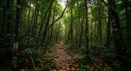 Obraz premium Lush Green Forest Path Covered in Fallen Leaves and Dense Vegetation