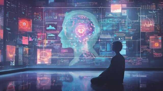 Person meditates before a large screen displaying a holographic brain and data streams