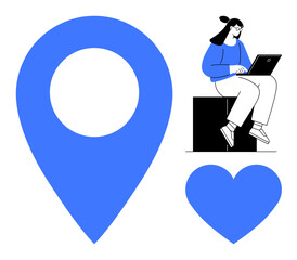 Female professional using a laptop, large blue location pin, and heart shape suggest ideas thumbs up location, remote work, connection, and care. Ideal for technology, teamwork, navigation