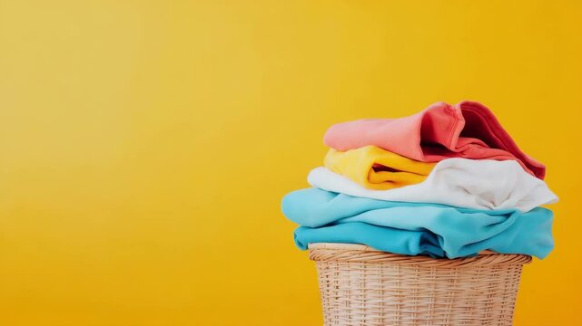 Folded colorful fabric stacked on wicker laundry basket with bright yellow background creating cheerful tidy household scene featuring clean textile and fabric in laundry basket stack