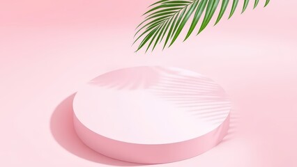 Obraz premium An elegant minimalist product display featuring a pastel pink circular podium and tropical palm foliage creates a serene and elegant backdrop for a luxurious presentation.