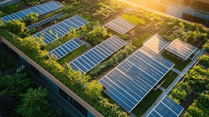 an urban rooftop garden with solar panels integrated into greenhouse structures, maximizing energy efficiency