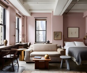 A modern, minimalist  apartment with warm tones.