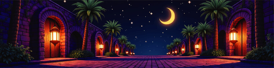 Magical Arabian Night Street Scene with Palm Trees, Lanterns, Crescent Moon, and Starry Sky – Vibrant Fantasy Illustration