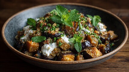 Bowl of roasted eggplant with herbs and yogurt.