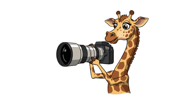 A cartoon giraffe holding a camera with a long lens and looking at the viewer with a cute expression