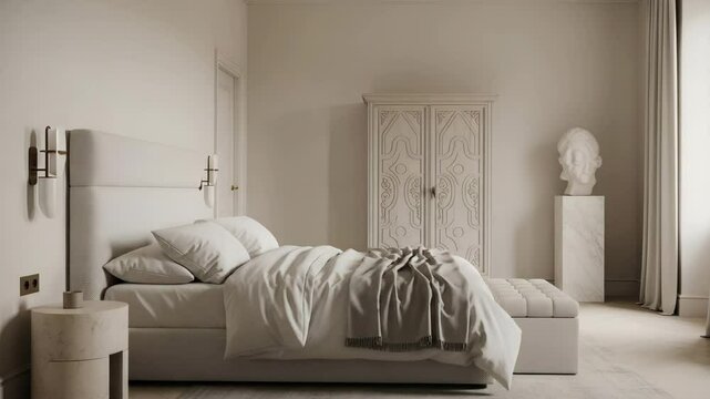 A bright bedroom with a large bed, an armoire, a sculpture, and neutral color scheme throughout room