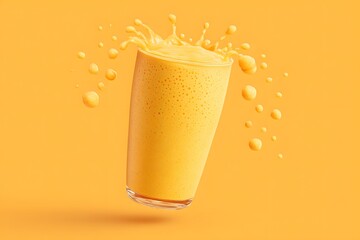 A vibrant shot of a yellow drink splashing out of a glass against a yellow backdrop